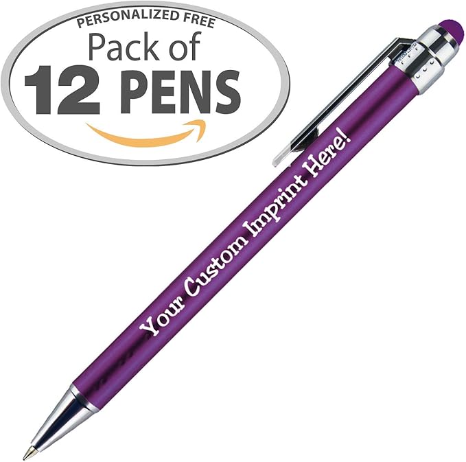 Personalized Pens with Stylus Tip -Bright Vibes- Click action - Custom - Black writing - Printed Name pens - Imprinted with Your Logo or Message - FREE PERSONALIZATION - 12 Pens/Box (Purple)-DeskLoop Office