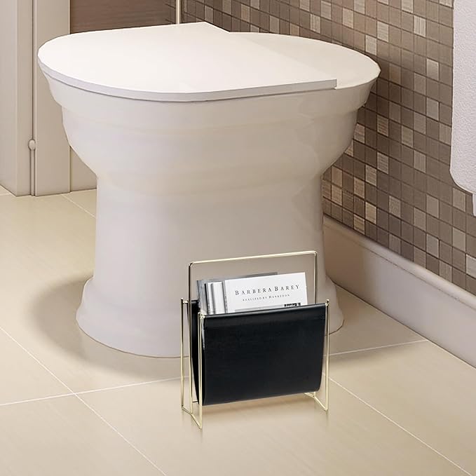 MyGift 13 Inch Modern Black Leatherette Magazine Holder Floor Standing Sling Style Rack with Gold Tone Metal Frame-DeskLoop Office