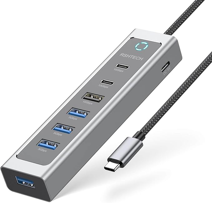 RSHTECH 7-Port USB C Hub Splitter 10Gbps with 3 USB-3.2 (2C + 1A), 4 USB-3.0 Ports and 2ft Long Cable, Aluminum USB-C Hub Multiport Adapters for Laptop and More, RSH-T17C-DeskLoop Office