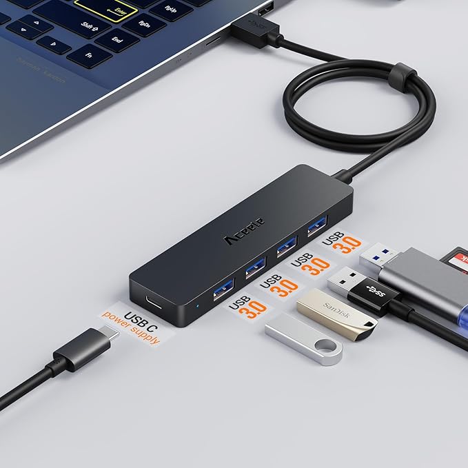 Aceele USB Hub 3.0 Splitter with 4ft Extension Long Cable Cord, 4-Port Ultra-Slim Multiport Expander with Type-C Power Port, USB Extender for Desktop, Computer, PC, Laptop, iMac, PS4 and More-DeskLoop Office