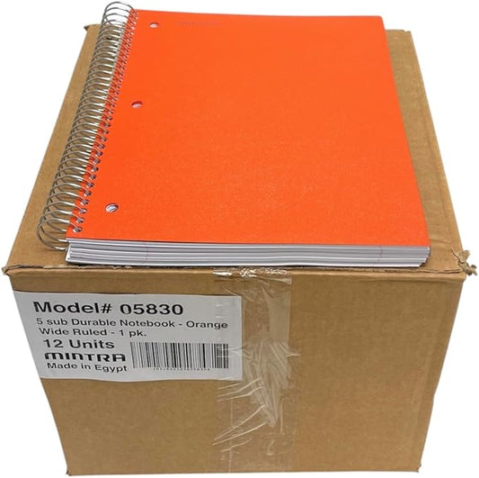 Mintra Office Durable Spiral Notebooks, 5 Subject (Orange, Wide Ruled 12pk)-DeskLoop Office