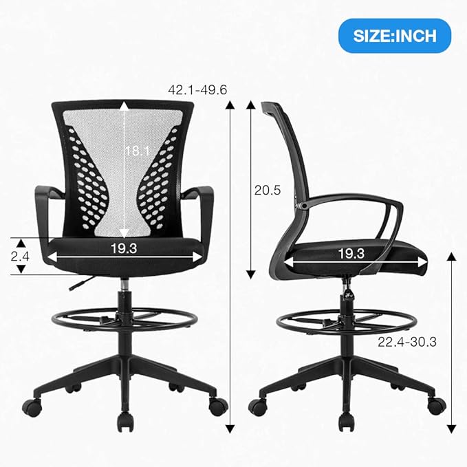 Drafting Chair Tall Office Chair Standing Desk Chair Adjustable Height with Arms Foot Rest Back Support Rolling Swivel Desk Chair Mesh Drafting Stool for Adults-DeskLoop Office