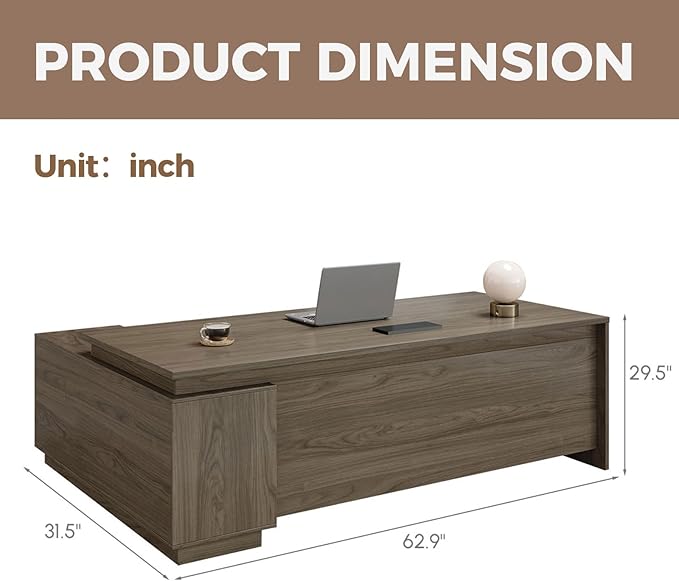 Executive Office Desk with Reversible Cabinets, Lockable Drawers, Cable Box & Privacy Panel – Modern Wood Grain Desk for Home Office or Business Use(Black Walnut,63" L*32" W*30" H)-DeskLoop Office