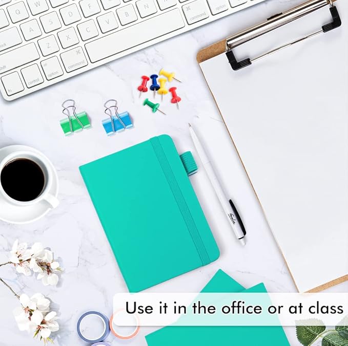 feela 6 Pack Pocket Small Notebooks Bulk, Mini Cute Memo Notepads Hardcover College Ruled Lined Journals with Pen Holder for Women Girls Office School, with 6 Black Pens, 3.5”x 5.5”, A6, Aqua-DeskLoop Office