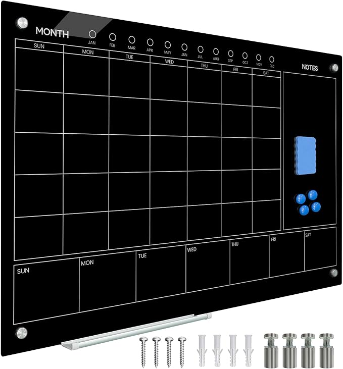 Magnetic Glass Whiteboard 36X24 Monthly Planner Calendar Dry Erase Board for Home, School, Office, Frameless, with Markers, Marker Tray, Eraser, Magnets (Black)-DeskLoop Office