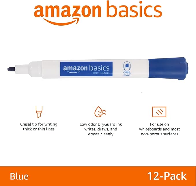 Amazon Basics Dry Erase Markers For Whiteboards, Chisel Tip, Low-Odor, Blue, Pack of 12-DeskLoop Office