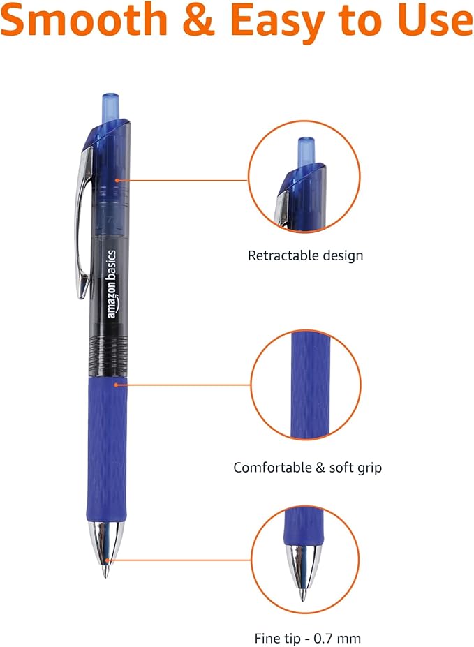 Amazon Basics Gel Pens Fine Point Smooth Writing Pens, Retractable, Blue, 0.7mm, 12 Pack-DeskLoop Office