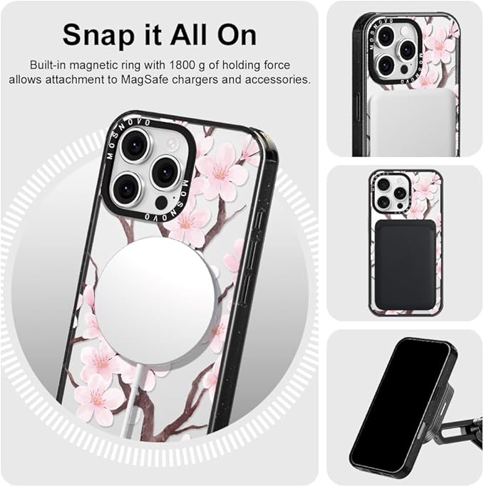 MOSNOVO Magnetic Case for iPhone 16 Pro Max, 10ft Military-Grade Protection, Compatible with Magsafe, Shockproof Phone Case for iPhone 16 Pro Max - Cherry Blossom - Clear Black-DeskLoop Office