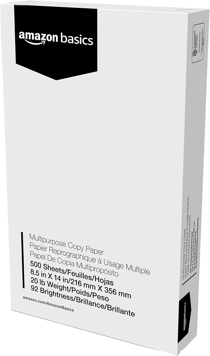 Amazon Basics Multipurpose Copy Printer Paper, 20 lb, 8.5 x 14 Inches, 10 Reams (5,000 Sheets), 92 Bright, White-DeskLoop Office