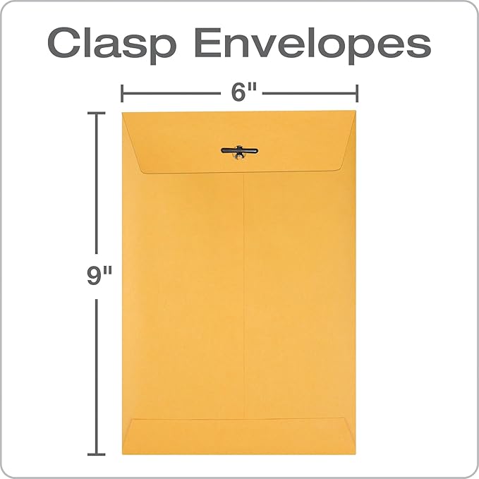 Quality Park 6 x 9 Clasp Envelopes, Clasp and Gummed Closures for Storing or Mailing, 28 lb Kraft Paper, 100 per Box (QUA37855)-DeskLoop Office