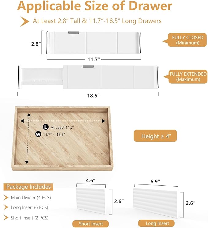 KABUM Upgrade Adjustable Drawer Divider Organizer Clothes Dresser Organizer,Expandable Organization for Home, Office,2.8" High Expandable from 11.7" to 18.5",4 Dividers with 6 Long and 2 Short Inserts-DeskLoop Office