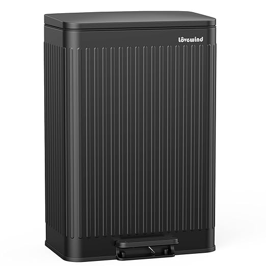 Lovewind 60 Liter/ 16 Gallon Stainless Steel Trash Can with Soft-Close Lid, Large Footstep Garbage Can with Roman Texture, Removable Inner Buckets, Recycling Bin for Kitchen Office, Black-DeskLoop Office