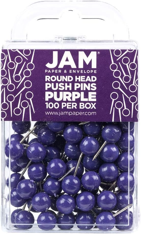 JAM PAPER Colorful Push Pins - Round Head Map Thumb Tacks - Purple Pushpins - 100/Pack-DeskLoop Office