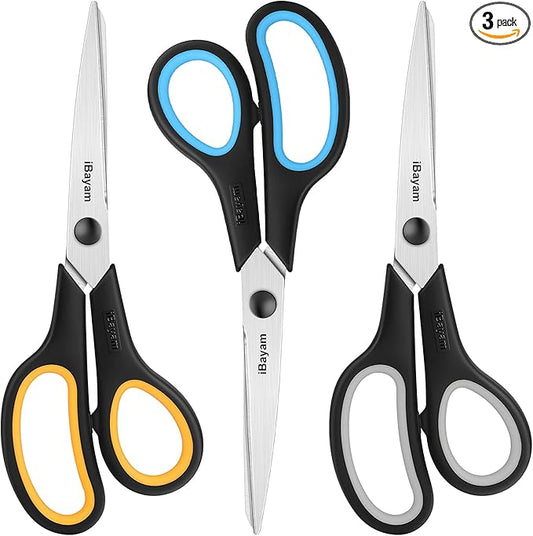 Scissors All Purpose, iBayam 8" Heavy Duty Scissors Bulk 3-Pack, 2.5mm Thickness Ultra Sharp Blade Shears with Comfort-Grip Handles for Office Home School Sewing Fabric Craft Supplies, Right/Left Hand-DeskLoop Office