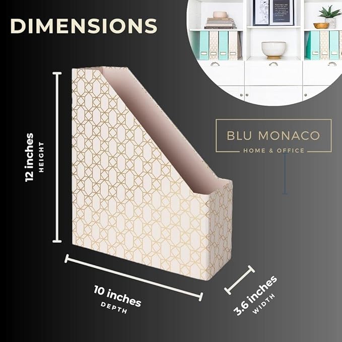 BLU MONACO Set of 4 Foldable Cute Magazine File Holders with Gold Label Holders – 2 Pink & 2 Aqua with Fun Gold Geometric Patterns – Stylish & Durable Magazine Storage for Home & Office-DeskLoop Office