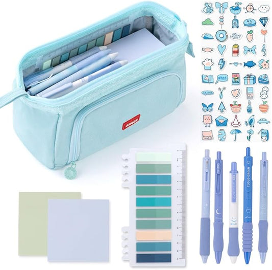 HVOMO Stationery Set,1 large-capacity pencil case,5 quick-drying pens,50 waterproof stickers,2 sticky note pads(200 sheets),1 set of 10-color index labels (200 sheets),Student stationery gift (Blue)-DeskLoop Office