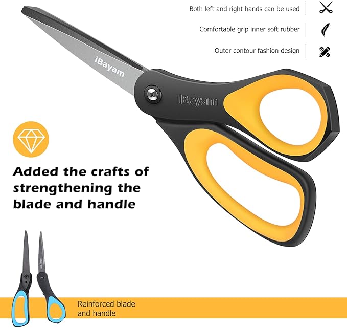Scissors, iBayam 3 Pack 8" All Purpose Nonstick Scissors, 2.5MM Thickness Titanium Blades with Comfort Grip, Heavy Duty Shears for Office School Home Classroom General Use Art and Craft DIY Supplies-DeskLoop Office
