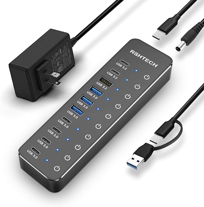 RSHTECH 10 Ports Powered USB 3.2/USB C Hub Splitter 60W with 3 x 10Gbps USB 3.2 Ports (2C + 1A),7 x USB 3.0 Ports (4C +3A), 3.3ft Cable and Individual Touch Switches for Laptop PC-DeskLoop Office