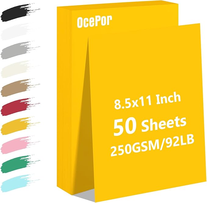 OcePor 50 Sheets Yellow Cardstock Paper, Colored Printer Paper 8.5 x 11, Card Stock Thick Construction for Craft,Scrapbook,Office Printing, Invitations, Certificates,92 lb/250gsm-DeskLoop Office