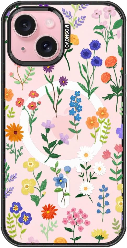 MOSNOVO Magnetic Case for iPhone 15 Plus, 10ft Military-Grade Protection, Compatible with Magsafe, Shockproof Phone Case for iPhone 15 Plus / 14 Plus - Botanical Floral - Clear Black-DeskLoop Office