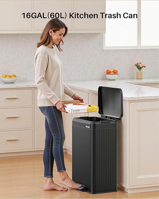 Lovewind 60 Liter/ 16 Gallon Stainless Steel Trash Can with Soft-Close Lid, Large Footstep Garbage Can with Roman Texture, Removable Inner Buckets, Recycling Bin for Kitchen Office, Black-DeskLoop Office