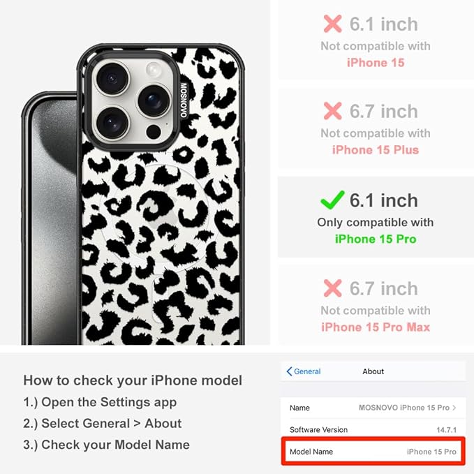 MOSNOVO Magnetic Case for iPhone 15 Pro, 10ft Military-Grade Protection, Compatible with Magsafe, Shockproof Phone Case for iPhone 15 Pro - Black Leopard Print - Clear Black-DeskLoop Office
