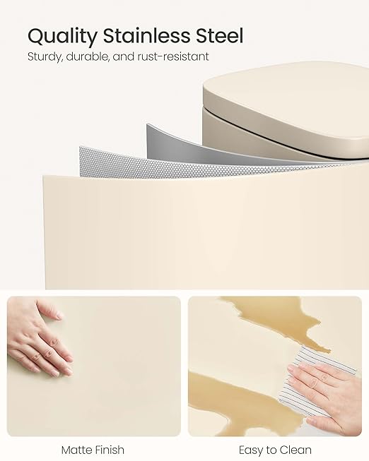 SONGMICS Trash Can with Lid, 8 Gallon Garbage Can, Stainless Steel Small Waste Bin with Step Pedal and Inner Bucket, Soft Close, Kitchen, Sand Beige ULTB003A01-DeskLoop Office