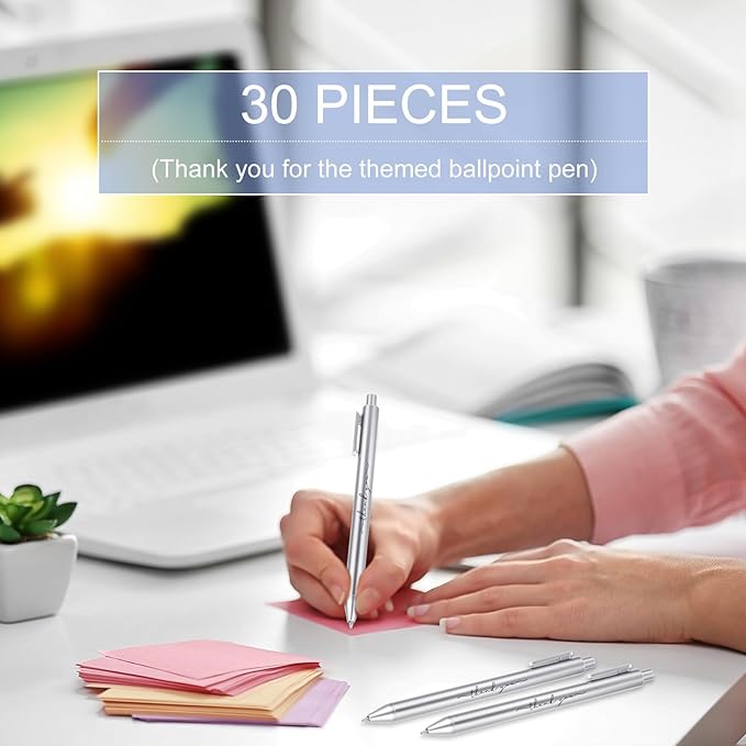 30pcs Thank You Pens Bulk Cute Multicolor Ballpoint Pen for Men Women Server Accessories Employee Holiday Appreciation Gifts for Teacher Office Back to School Party Favor (Silver)-DeskLoop Office