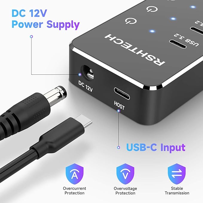Powered USB Hub, RSHTECH 10-Port USB 3.2/USB C Hub 60W with 10Gbps USB-A 3.2, 2 USB-C 3.2, 7 USB 3.0 Ports, Individual Touch Switches and 3.3ft Cable, Hybrid USB Splitter for Laptop/PC, RSH-ST10C-DeskLoop Office
