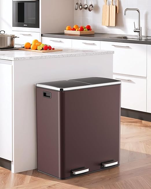 AthLike 60L(16 Gal) Dual Trash Can, Stainless Steel Kitchen Garbage Can, Double Compartment Classified Rubbish Bin, Recycle Dustbin w/Plastic Inner Buckets, Handle, Soft-Close Lid, Airtight, Brown-DeskLoop Office