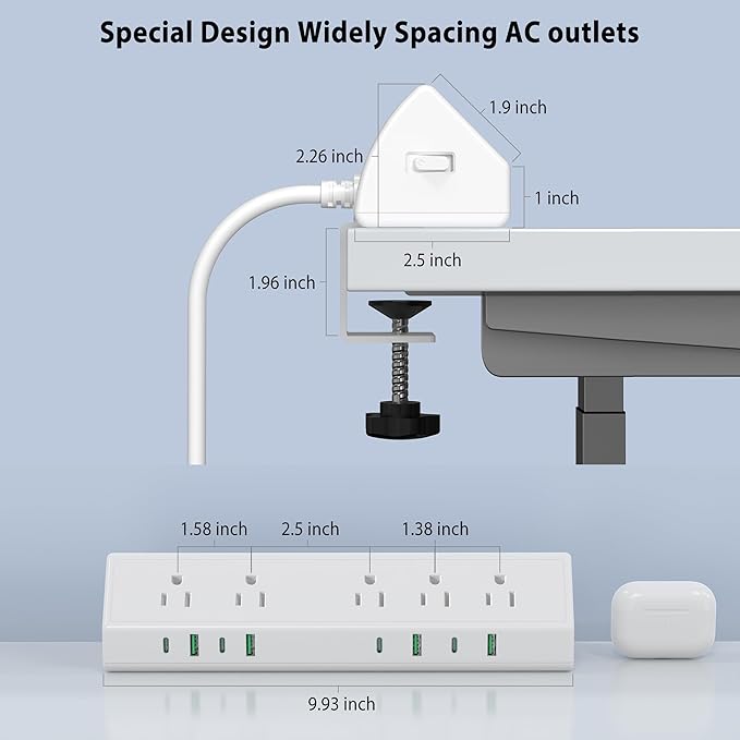 45W Fast Charging Station,Desk Clamp Power Strip,4 PD USB-C Ports,5 AC Outlets,Surge Protector Power Strip, 14AWG Heavy Duty Cord, Fits 1.9" Tabletop Edge (White, 15 FT Cable)-DeskLoop Office