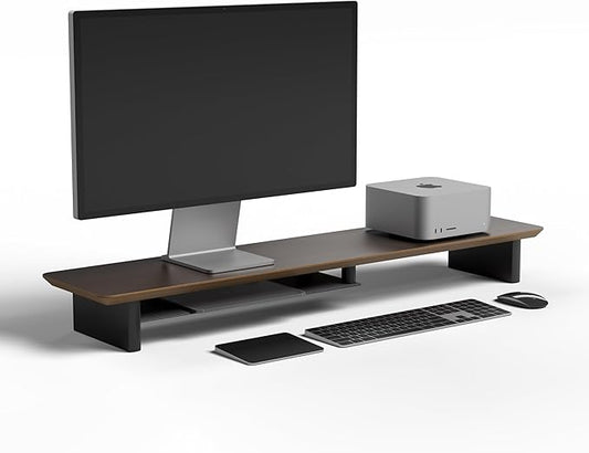 Walnut Dual‑Tier Monitor Stand for Modern Desk Setup – Minimalist Wooden Riser Shelf for Dual Monitors, Laptops, Home Office Aesthetic (Dark Walnut, Large)-DeskLoop Office