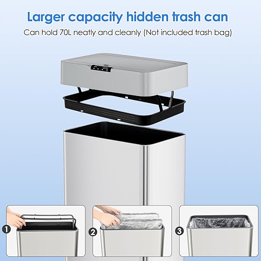 AthLike Sensor Trash Can, Touchless Motion Sensor Trash Bin, Smart Automatic Garbage Can with Soft-Close Lid, Bag Retainer Ring and Display Light,for Kitchen,Living Room Office (Silver, 18.5 Gal)-DeskLoop Office