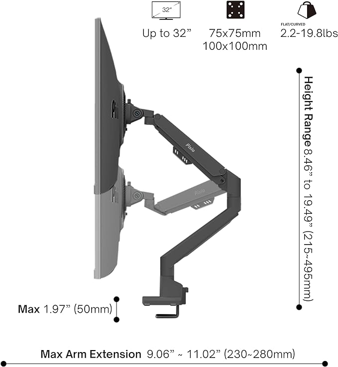 Pixio PS1S Wave Black Single Monitor Arm Stand Desk Mount - Fits up to 32 inches Monitors and up to 19.8lbs. VESA Compatibility and Integrated Cable Management-DeskLoop Office