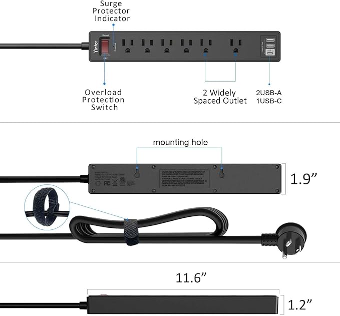 20Ft Power Strip Surge Protector - Yintar Extension Cord with 6 AC Outlets and 3 USB Ports for Home, Office, Dorm Essentials, 1680 Joules, ETL Listed, Black-DeskLoop Office