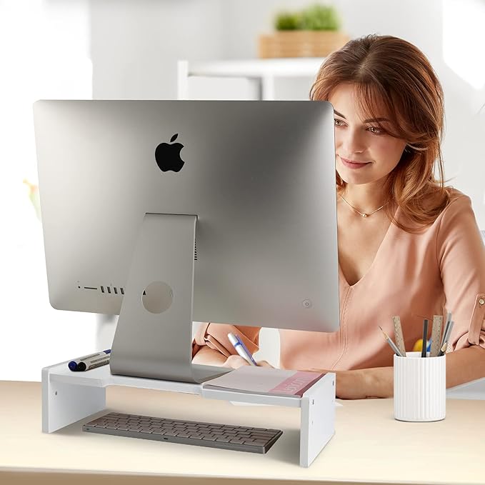 KINLINK Solid Wood Monitor Stand Riser, Monitor Riser with 2 Adjustable Height, 15.8 inch Computer Riser for Computer, iMac, PC, Printer, Computer Monitor Stand for Home & Office, White-DeskLoop Office