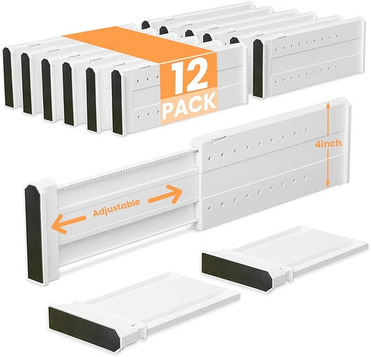 REBECAT 12 Pack Drawer Dividers for Clothes Adjustable Drawer Dividers 4" High Expandable from 11"-17" for Dresser Baby Clothes Bathroom Bedroom Kitchen and Office Storage,White-DeskLoop Office