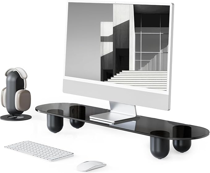 Fenge Monitor Stand Riser, 34 Inch Dual Monitor Riser for Large Monitors, Desk Organizer with Glass Shelf & Solid Wood Legs, Computer Stand for Laptop, TV, PC, Printer, Black-DeskLoop Office