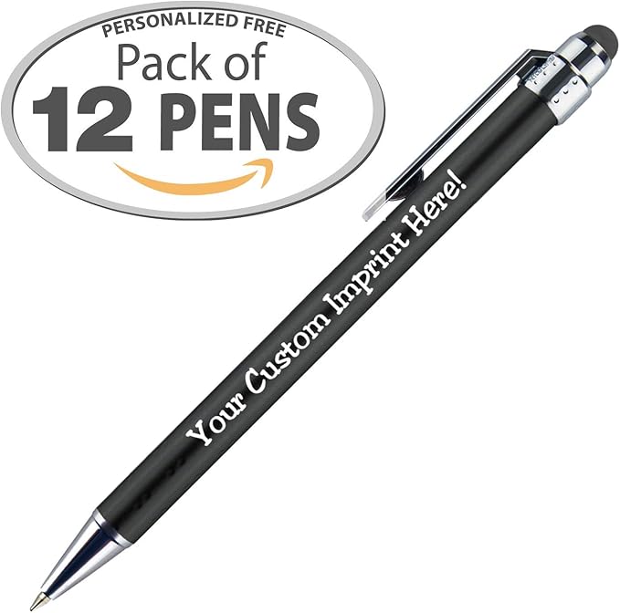 Personalized Pens with Stylus Tip -Bright Vibes- Click action - Custom - Black writing - Printed Name pens - Imprinted with Your Logo or Message - FREE PERSONALIZATION - 12 Pens/Box (Black)-DeskLoop Office