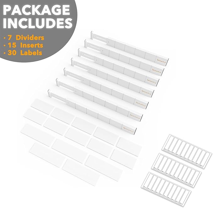 SpaceAid Bamboo Drawer Dividers with Inserts and Labels, Kitchen Adjustable Drawer Organizers, Expandable Organization for Home, Office, Dressers, 7 Dividers with 15 Inserts (17"-22" White)-DeskLoop Office