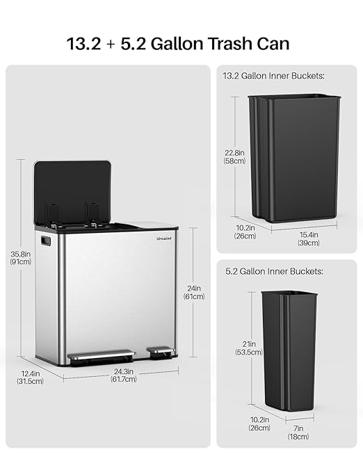 Dual Trash and Recycling Bins for Kitchen, 13.2 + 5.2 Gal (50+20L) Stainless Steel Trash and Recycle Bin Combo with Soft-Close Lid, Large Garbage Cans for Kitchen Home with 2 Magnets Sticker, Silver-DeskLoop Office