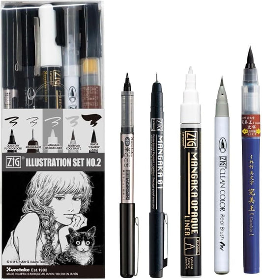 Kuretake Zig Inktober pen set, for Illustration, Manga Drawing, Lettering and Calligraphy, Professional Artist, Made in Japan (Special No.2(5pcs.))-DeskLoop Office