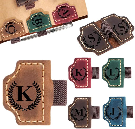 Custom Bookmark with Pen Holder with 26 Letters Personalized Magnetic Leather Book Mark, Customized Name Book Marker Clip with Initial for Men Women, Gifts for Book Lovers, Readers, (Brown, K)-DeskLoop Office