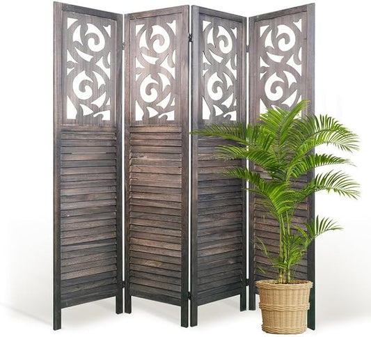 Room Divider, 5.6FT Folding Room Divider Panel, 4 Panel Craved Wood Partition Wall Divider for Room Separation, Rustic Brown-DeskLoop Office