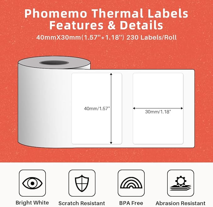 Phomemo 690 PCs Thermal Label - 1.57'' x 1.18'' (40x30mm) Labels Tape for M110/M220/M108/M250/M260/M120/M200/M221/M150/M160 Label Maker, Multipurpose Barcode Stickers, 230 Pcs/Roll-DeskLoop Office