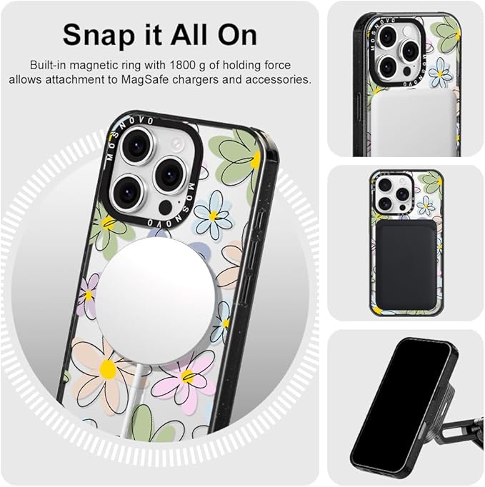 MOSNOVO Magnetic Case for iPhone 16 Pro, 10ft Military-Grade Protection, Compatible with Magsafe, Shockproof Phone Case for iPhone 16 Pro - Linear Blooms - Clear Black-DeskLoop Office