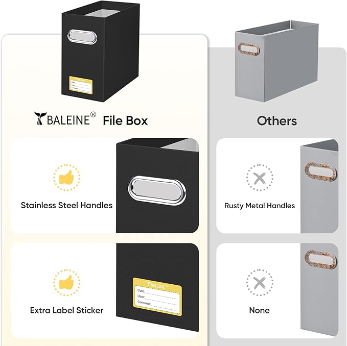 BALEINE File Organizer Box, Cardboard File Folder Organizer with Handle for Letter Size, Portable Collapsible Hanging Filing Box for Home Office Document Storage (4 Pack, Black)-DeskLoop Office