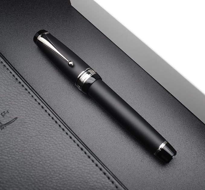 Metal Big Fountain Pen Set Medium Nib 0.7mm, Includes Ink Refill Converter, 5 Ink Cartridges & Gift Box (Medium Nib 0.7mm, Matte Black with Silvery Clip)-DeskLoop Office