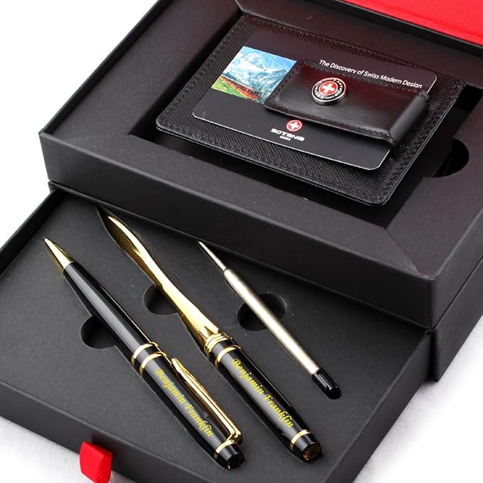 Free engraving - 24K Gold, Mens Leather Money Clips, Roller Ballpen, Ballpoint pen, Ball pen, Groomsmen Gift,Three Lines Each 20 Characters, Free Customization (Silver_Gift_Set)-DeskLoop Office