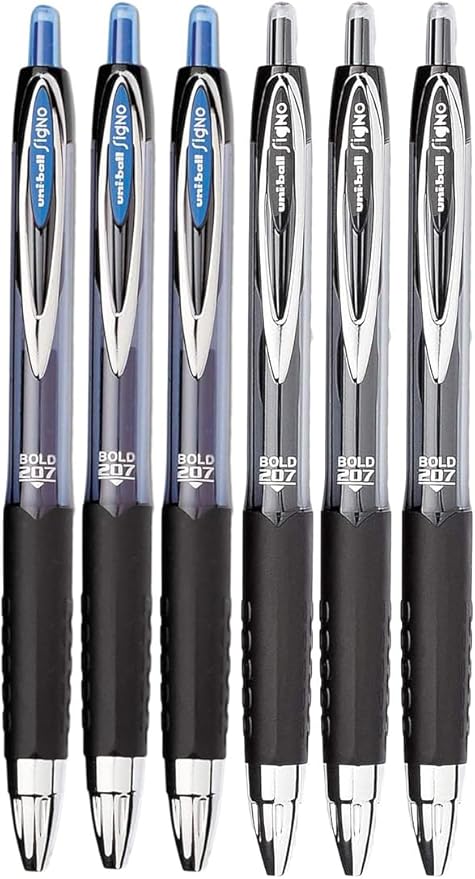 Signo 207 Roller Ball Retractable Gel Pens, Bold Point (1.0mm), Black And Blue Ink, 6 Count, Bundle with Plastic Reusable Pouch-DeskLoop Office